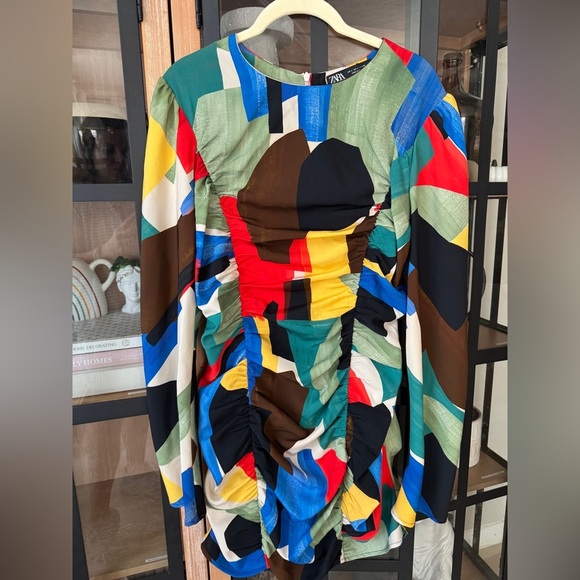 ZARA Abstract Colourful Ruched bodycon Mini Dress long sleeve Bloggers Fave 80s - Picture 1 of 12